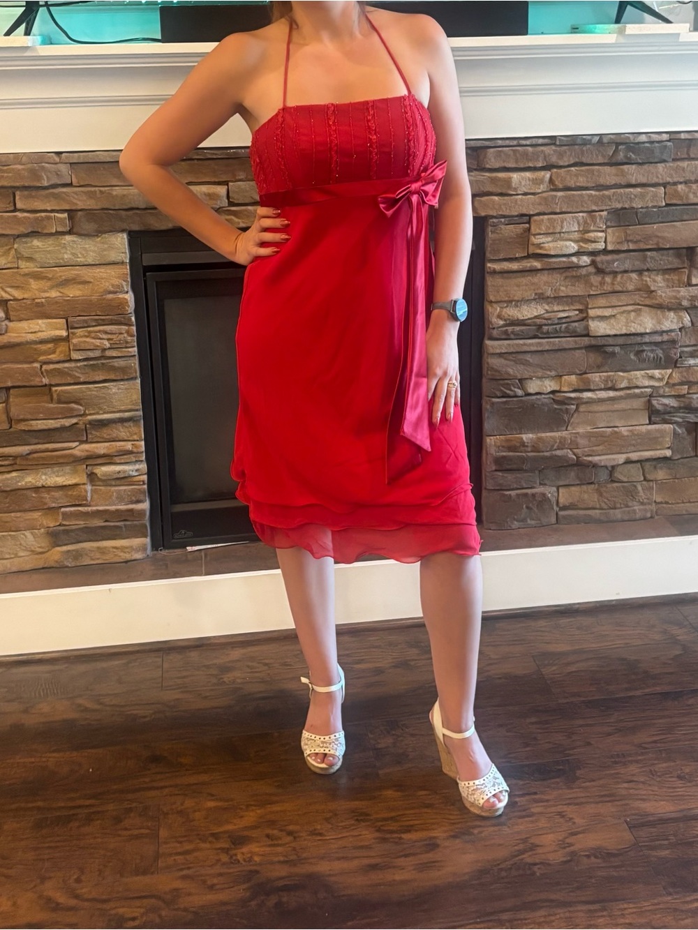 NWT Poly USA Vintage Y2K Red Halter Cocktail Dress Beaded Bow Midi Large